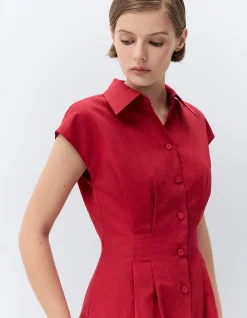 ELEGANT COLLARED BREEZY LINEN COTTON MIDI DRESS