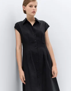 ELEGANT COLLARED BREEZY LINEN COTTON MIDI DRESS