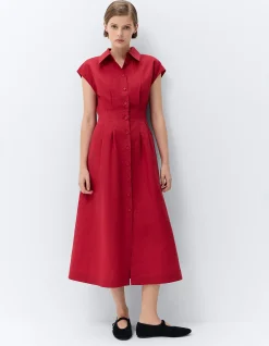 ELEGANT COLLARED BREEZY LINEN COTTON MIDI DRESS