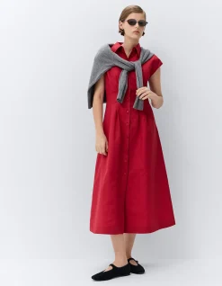 ELEGANT COLLARED BREEZY LINEN COTTON MIDI DRESS