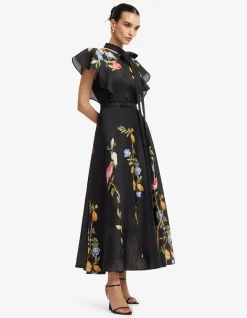 Elsie Flutter Sleeve Midi Dress Lemon Vine Print in Ebony