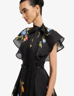 Elsie Flutter Sleeve Midi Dress Lemon Vine Print in Ebony