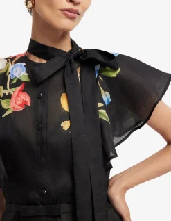 Elsie Flutter Sleeve Midi Dress Lemon Vine Print in Ebony