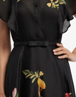 Elsie Flutter Sleeve Midi Dress Lemon Vine Print in Ebony