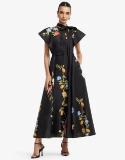 Elsie Flutter Sleeve Midi Dress Lemon Vine Print in Ebony