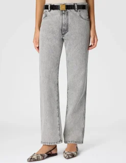 FIVE-POCKET MID-RISE BLEACHED DENIM PANTS