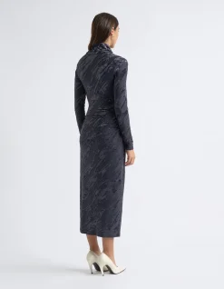 FLOCKED LONG SLEEVE MIDI DRESS