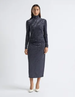 FLOCKED LONG SLEEVE MIDI DRESS