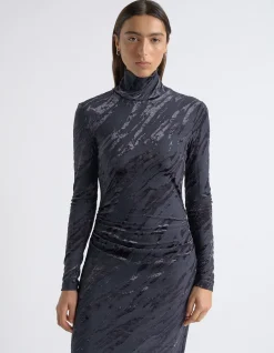 FLOCKED LONG SLEEVE MIDI DRESS