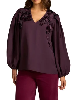 Floral Appliqué Blouse - Cherry