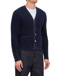 GARMENT DYE CARDIGAN STITCH VNECK IN COTTON W TONAL 4BARSTRP