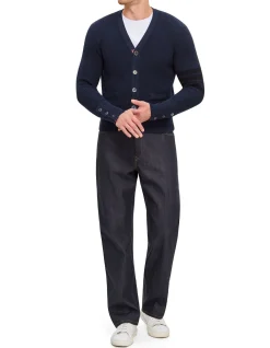 GARMENT DYE CARDIGAN STITCH VNECK IN COTTON W TONAL 4BARSTRP