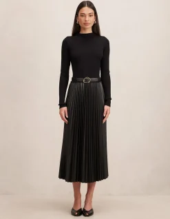 GIANNA VEGAN LEATHER PLEATED MIDI DRESS
