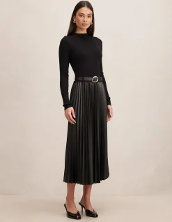 GIANNA VEGAN LEATHER PLEATED MIDI DRESS