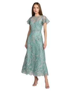 HIGH NECK FLUTTER SLEEVE MIDI DRESS