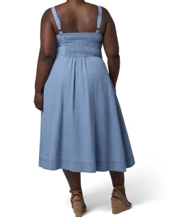 INDIGO TONIC-MIKI DENIM FLARED MIDI DRESS