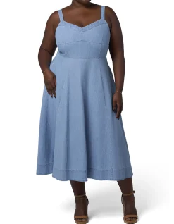INDIGO TONIC-MIKI DENIM FLARED MIDI DRESS