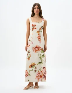 Isolde Linen Floral Open Back Maxi Dress