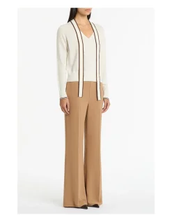 Ivory Merino Tipped Tie Neck Knit Top