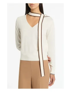 Ivory Merino Tipped Tie Neck Knit Top