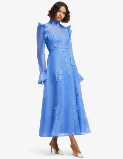 Katrina Applique Butterfly Sleeve Midi Dress Azure