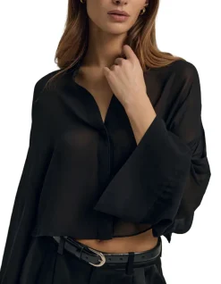 Kimono Sleeve Sheer Button-Up Top