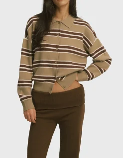 Knit Button Up Collar Stripe Knit Sweatshirt
