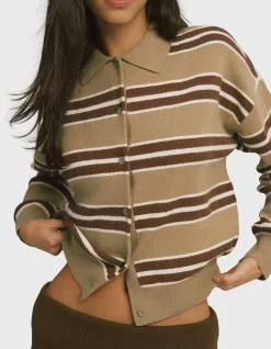 Knit Button Up Collar Stripe Knit Sweatshirt