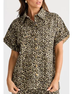 Leroy Cotton Drill Leopard Button Front Shirt