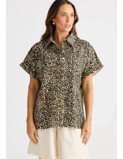 Leroy Cotton Drill Leopard Button Front Shirt