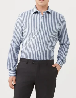 Long Sleeve Slim Linen Tencel Stripe Shirt