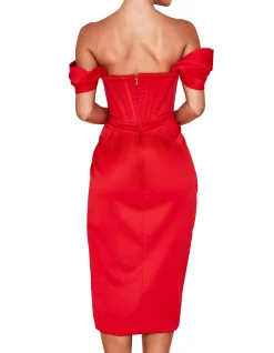 Loretta Red Satin Off Shoulder Dress
