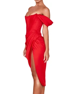 Loretta Red Satin Off Shoulder Dress