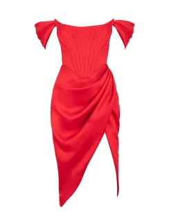 Loretta Red Satin Off Shoulder Dress