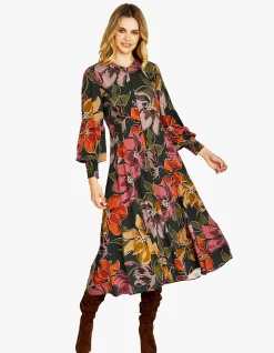 Magnolia Zip Front Blouson Sleeve Midi Dress