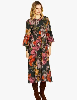 Magnolia Zip Front Blouson Sleeve Midi Dress