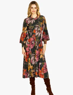 Magnolia Zip Front Blouson Sleeve Midi Dress