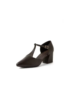 MAMAMIA T Bar Block Heel Leather Pumps