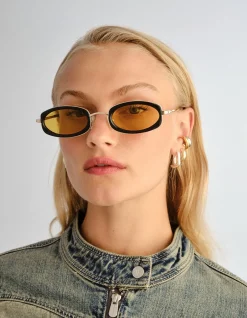 MECHARO BLACK OVAL AMBER TINT SUNGLASSES
