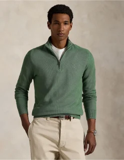 Mesh-Knit Cotton Quarter-Zip Sweater