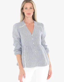 Mini Check Lace Insert Button Front Top