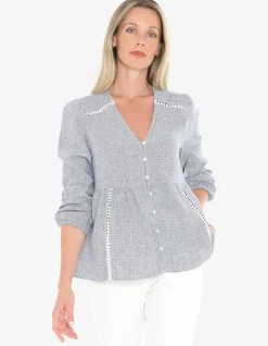 Mini Check Lace Insert Button Front Top
