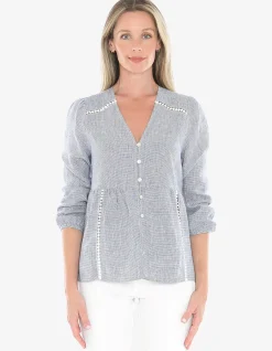 Mini Check Lace Insert Button Front Top