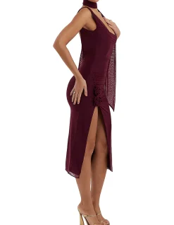 MISTRESS ROCKS BLACK CHERRY FLOWER EMBELLISHED MIDI DRESS
