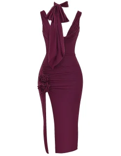 MISTRESS ROCKS BLACK CHERRY FLOWER EMBELLISHED MIDI DRESS
