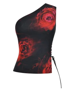 MISTRESS ROCKS BLACK ROSE PRINT ONE SHOULDER TOP