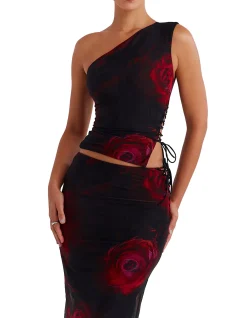 MISTRESS ROCKS BLACK ROSE PRINT ONE SHOULDER TOP
