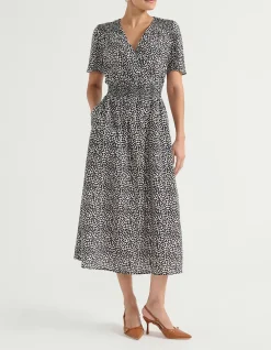 MOCK WRAP SHIRRED WAIST DRESS