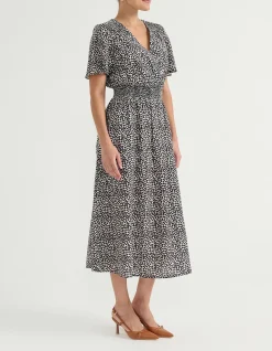 MOCK WRAP SHIRRED WAIST DRESS