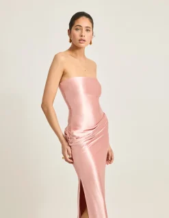 Mylah Strapless Draped Satin Midi Dress